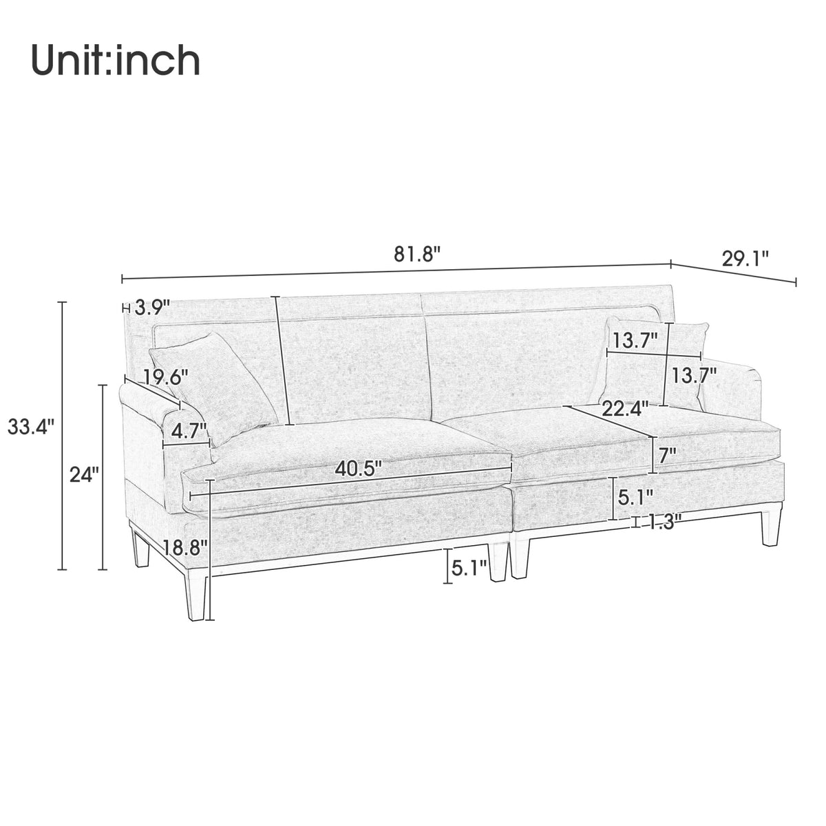 Gray Upholstered Loveseat Sofa with Wooden Legs and Two Throw Pillows W284653