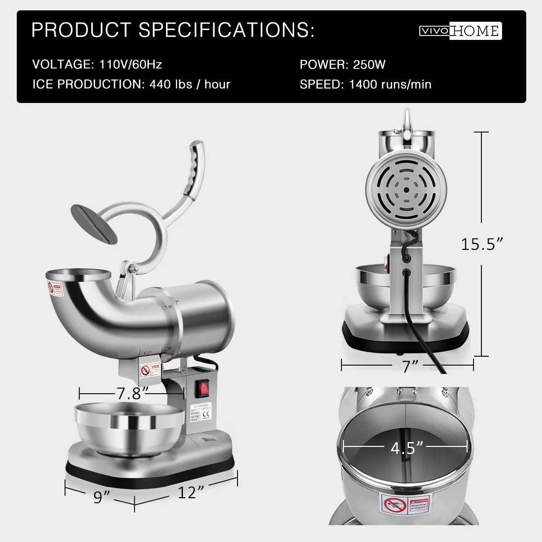 Silver Electric Dual Blades Ice Crusher Snow Cone Maker Machine 440lbs/hr B254425