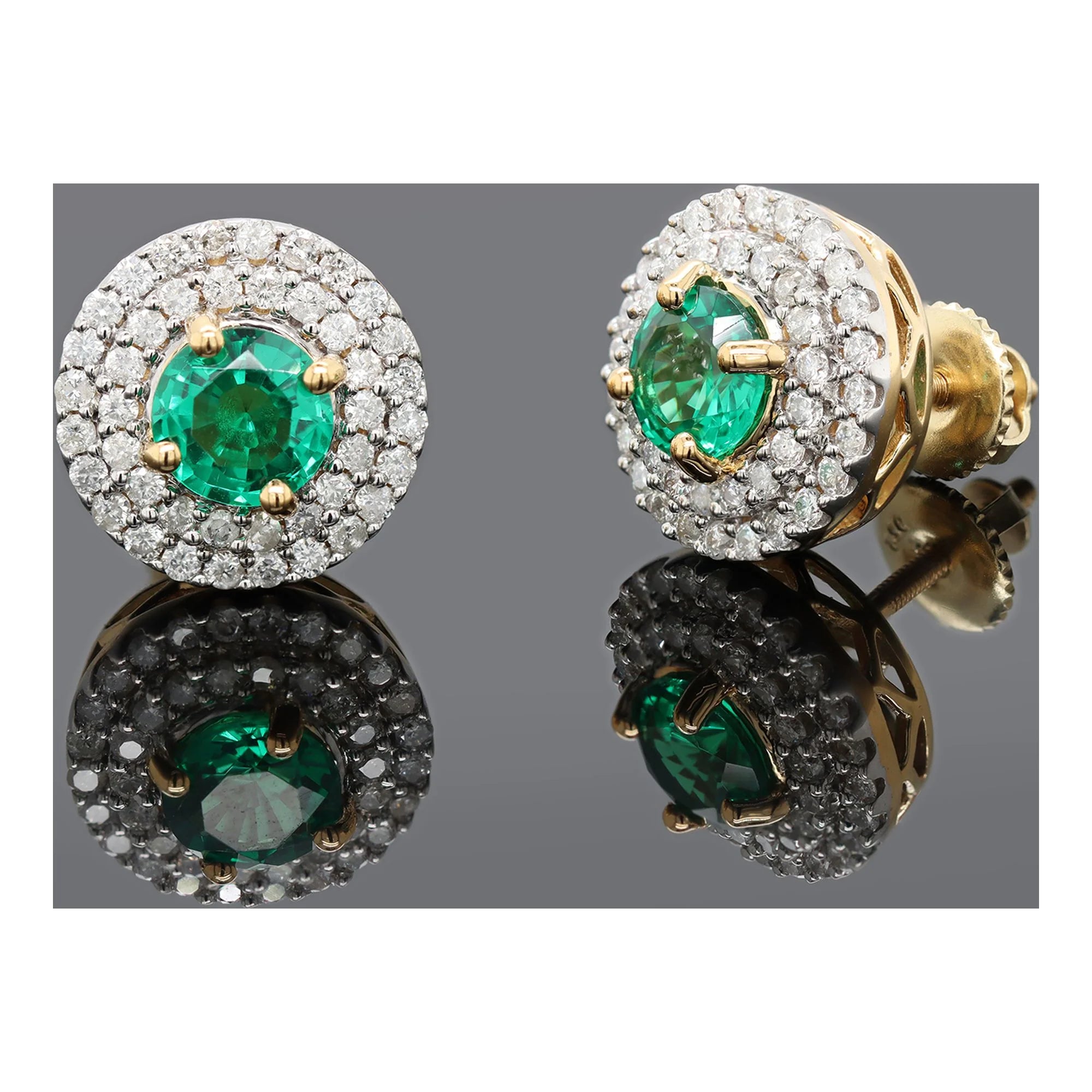 3 Carat Round Green Emerald and Natural Diamond Double Halo Stud Earrings in 18K Yellow Gold Plated O14296