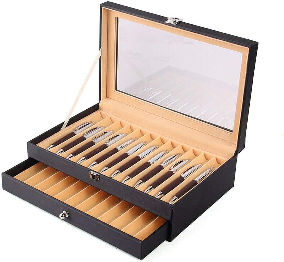 Leather Pen Display Case Storage Organizer Box with Drawer (Black, 36 Slot) P58987
