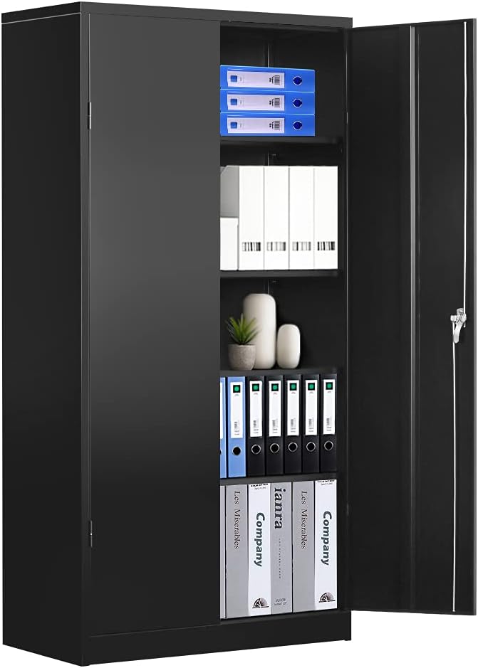 Black Tall Metal Storage Cabinet with 2 Doors and 4 Adjustable Shelves J36637