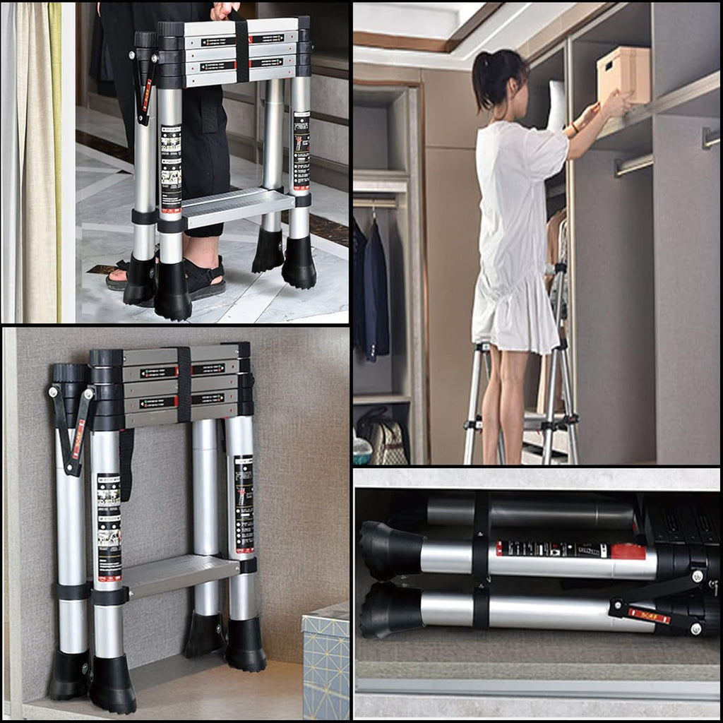 4 + 5 Step Telescoping Ladder, Aluminum Alloy Folding Extendable Ladder with Non-Slip Rubber Feet, 330lbs Load Capacity Q9751