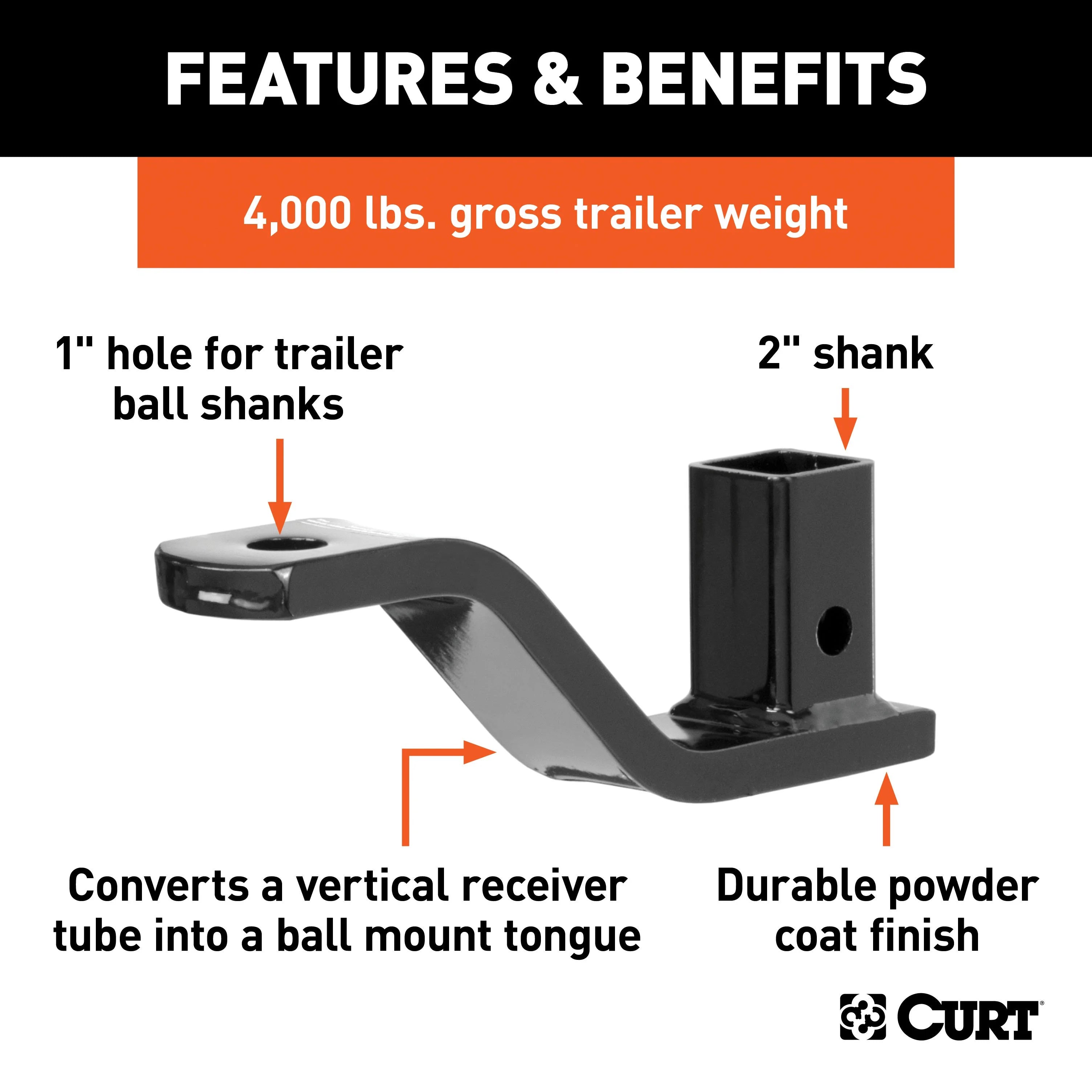 Vertical Trailer Hitch Ball Mount, 2-Inch Receiver, 4,000 lbs, 1-Inch Hole, 2-1/4-Inch Drop R402310