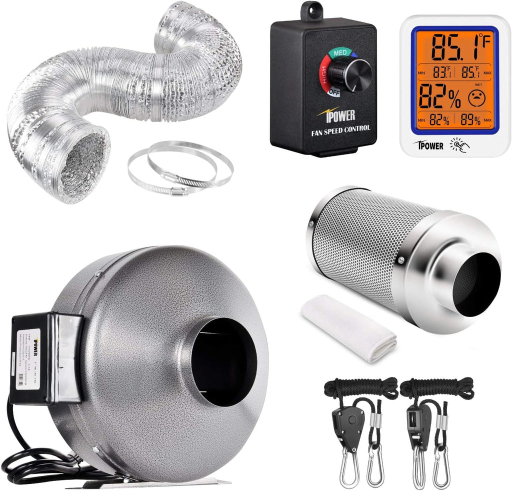 6 Inch 442 CFM Inline Duct Ventilation Fan with Carbon Filter, Variable Speed Adjuster, Digital Hygrometer Thermometer, 25 feet Vent Hose Combo, 1-Pair Rope Clip Hanger L797