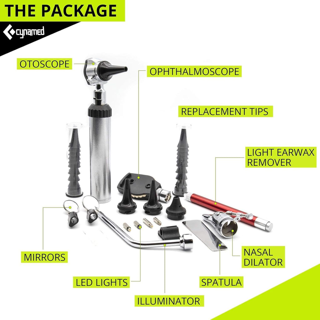 ENT Diagnostic Kit with Otoscope, Opthalmoscope, Earwax Remover, Nasal Dilator, Speculum, LED Lights, Mirrors, Replacement Tips, Leather Carry Bag Q617