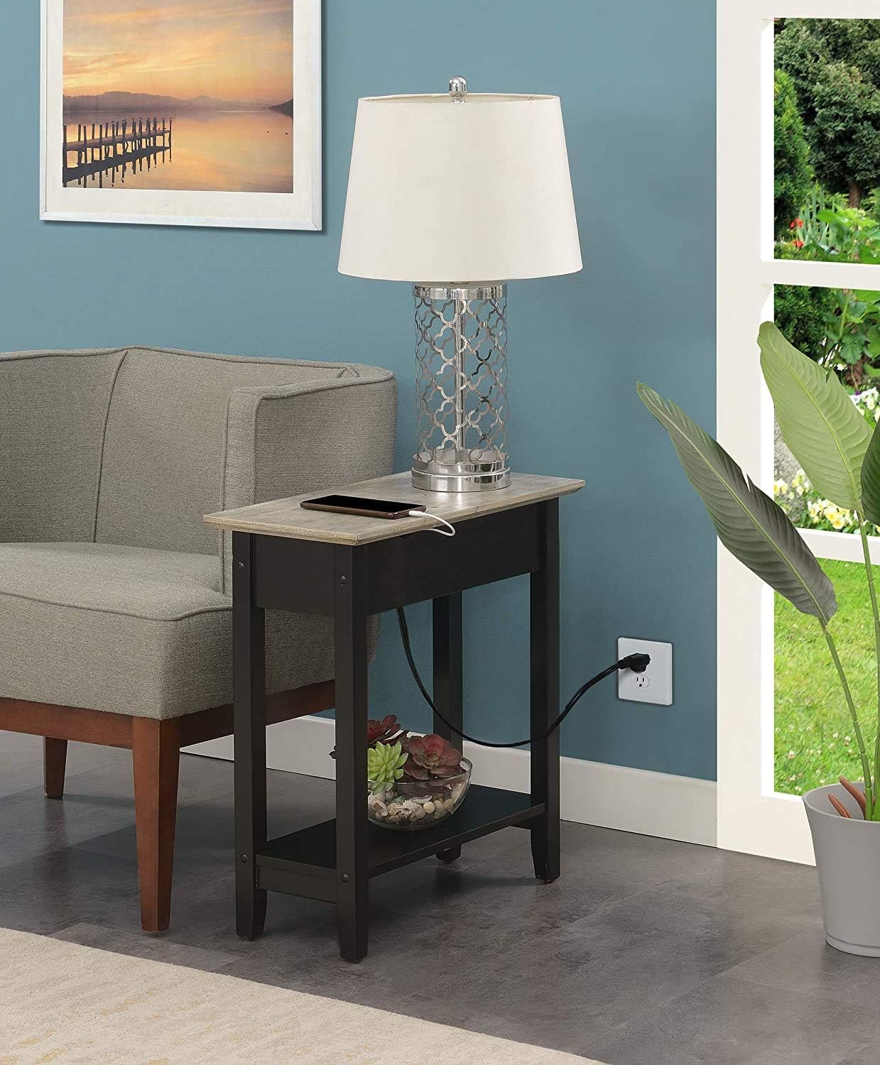 Black Flip Top End Table with Charging Station and Shelf V41011