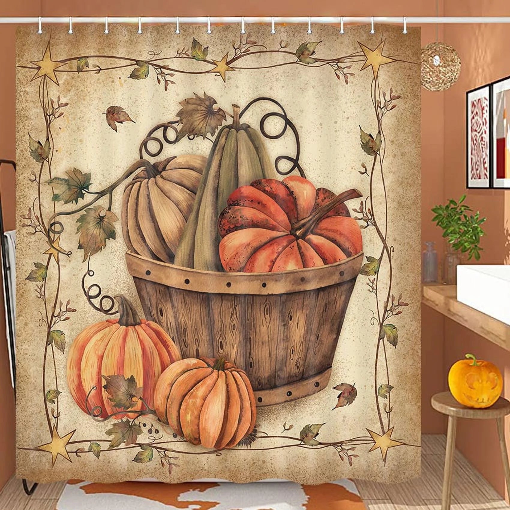 Fall Maple Leaves Fabric Shower Curtain with Hooks Set 60x72 Inch A7839