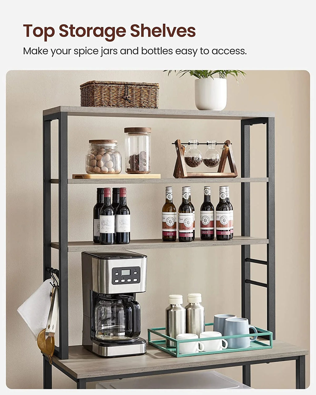 6-Tier Greige and Black Kitchen Shelves with 6 Hooks L8529