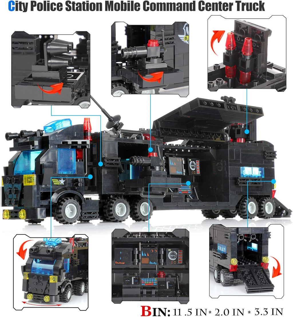 1110 PCS SWAT City Police Station Mobile Command Center Truck Car Building Blocks Set with Storage Box I866760