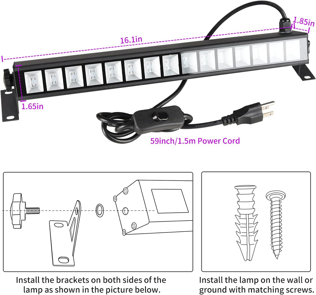 4 Pack 30W Black Light Bar with Switch, Plug and 5ft Cable I869831