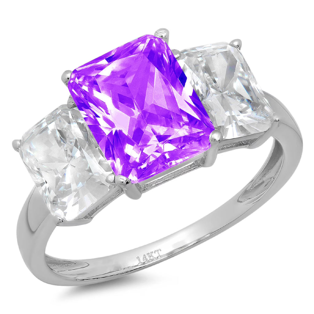 Emerald Cut Purple Amethyst 18k White Gold Three-Stone Ring W663