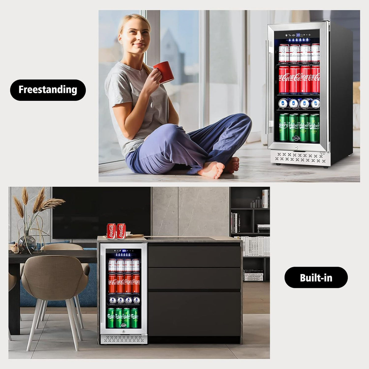 Mini Fridge 15 Inch Beverage Refrigerator Cooler, 130 Can, Glass Door L7321