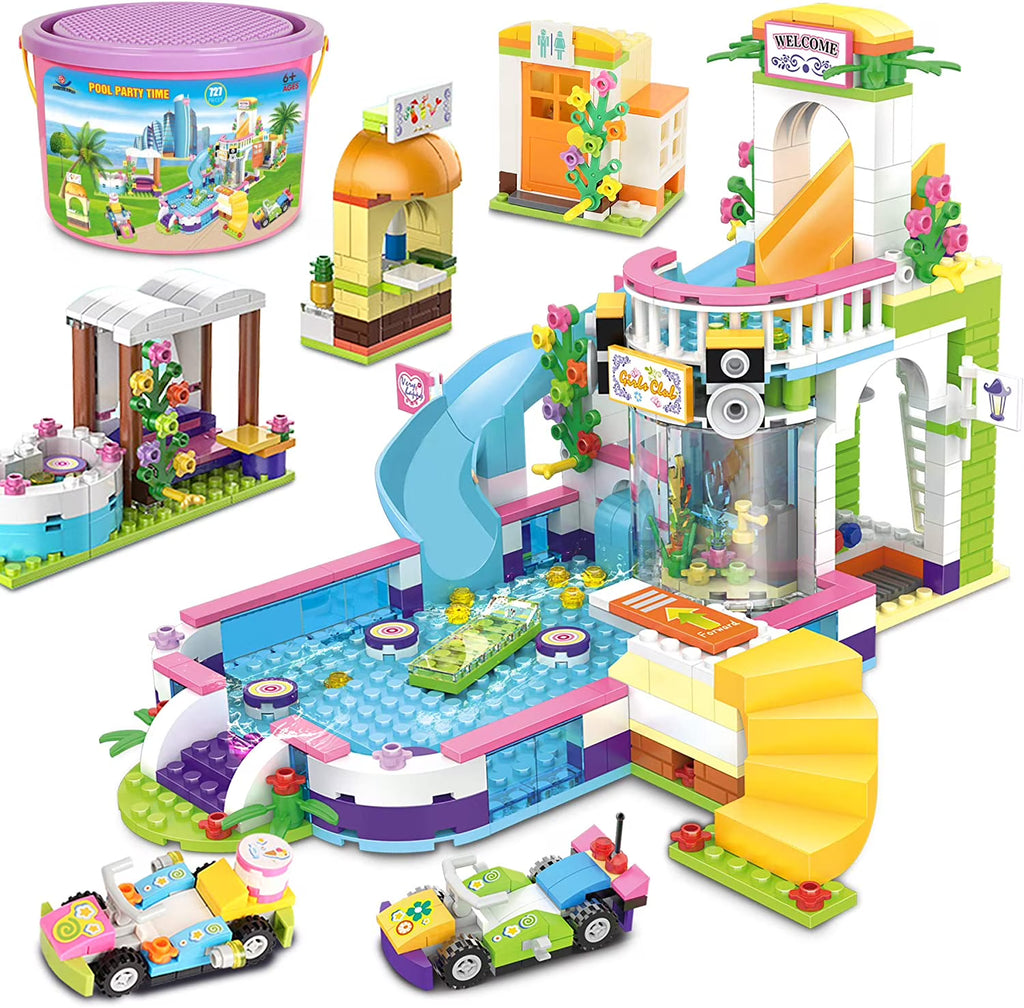 727 Pieces Pool Building Blocks Set with Toy Juice Bar and Hot Tub L271807