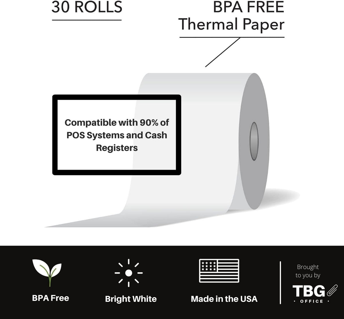 BPA Free Thermal Paper Rolls for POS Systems (1 Case - 30 Rolls) C111646