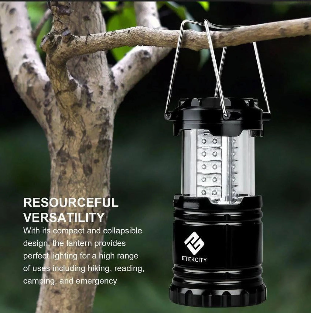 4 Pack Portable LED Camping Lantern with 12 AA Batteries, Black, Collapsible Y40686