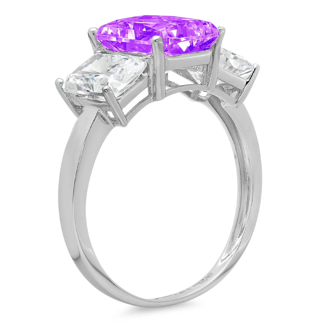 Emerald Cut Purple Amethyst 18k White Gold Three-Stone Ring W663