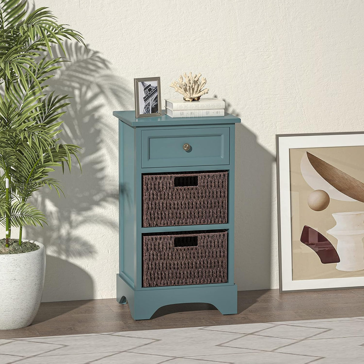Blue Storage Chest Side End Table with 2 Removable Baskets and 1 Drawer H1815