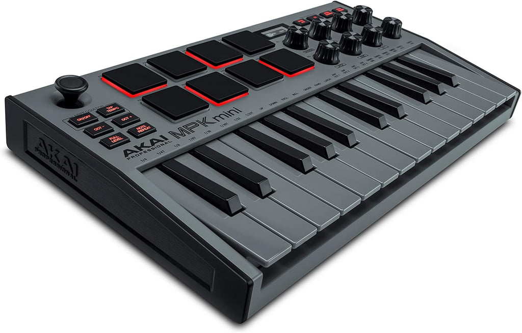 25 Key USB MIDI Keyboard Controller with 8 Backlit Drum Pads, 8 Knobs (White) R4455