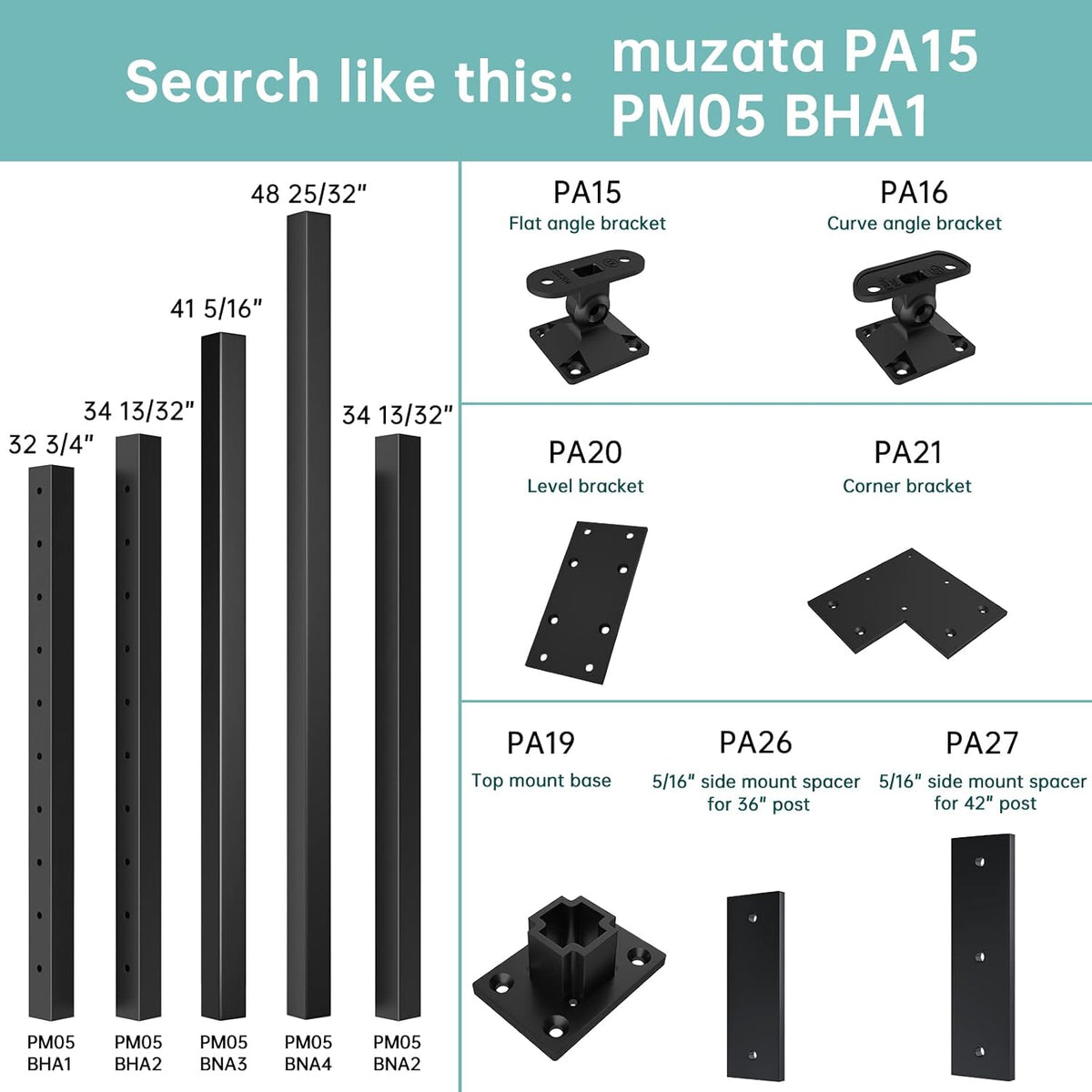 2-Pack 36-42 inch Assembled Weldless 2x2 Square Aluminum Black Powder Coated Side Mount Surface Mount Posts C35141