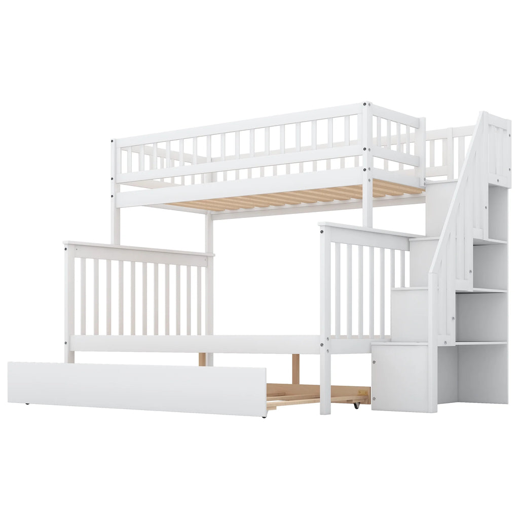 Twin Over Full Bunk Bed with Trundle and Stairs, White X43041