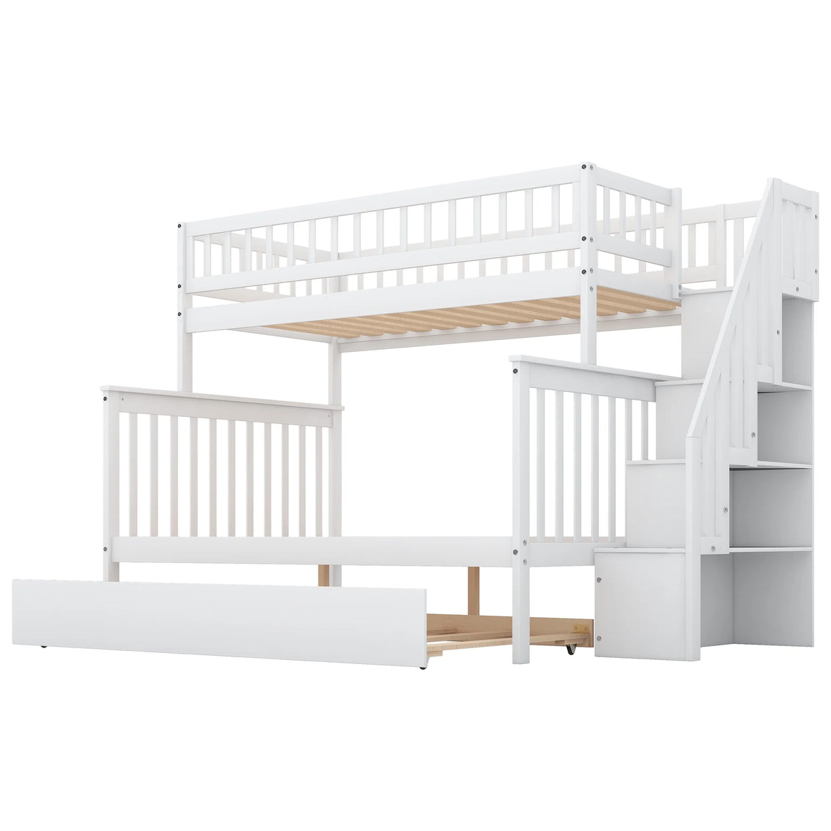 Twin Over Full Bunk Bed with Trundle and Stairs, White X43041