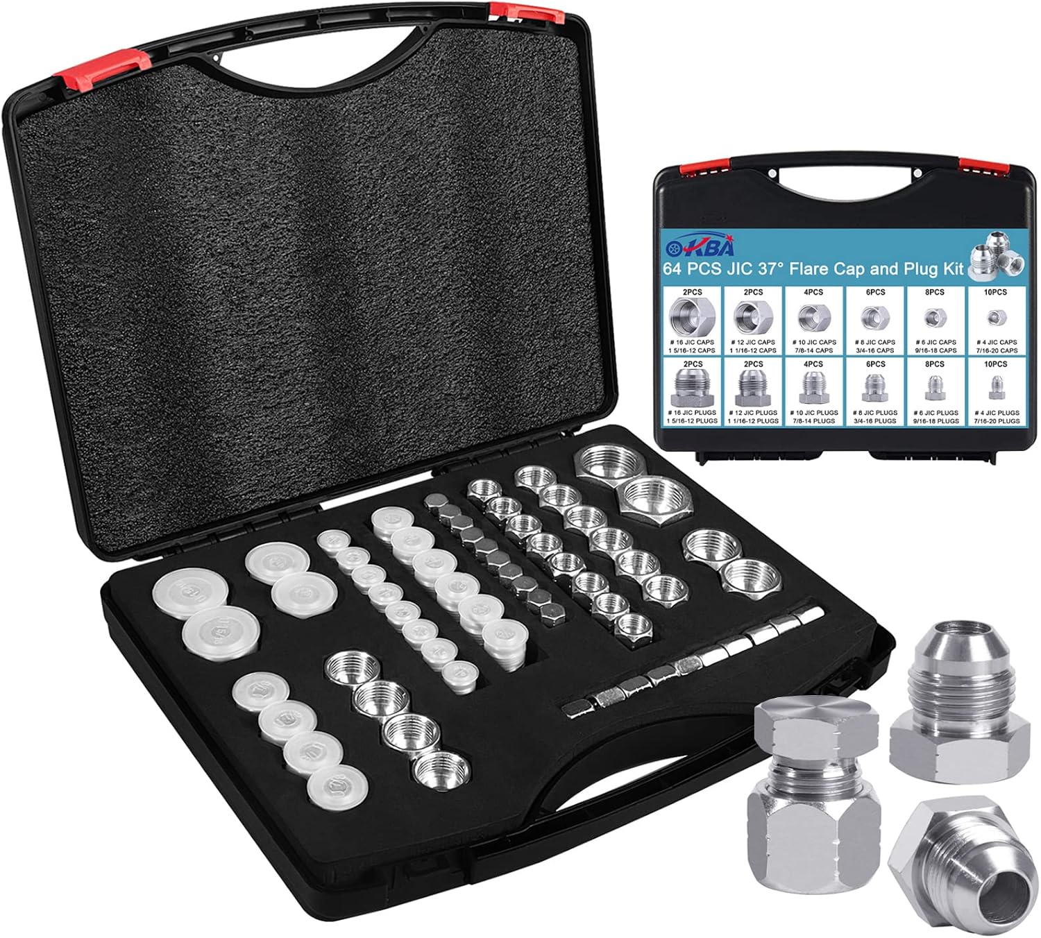 64pcs JIC 37° Flare Cap & Plug Kit, Galvanized Steel, Sizes-04 06 08 10 12 16 T1671