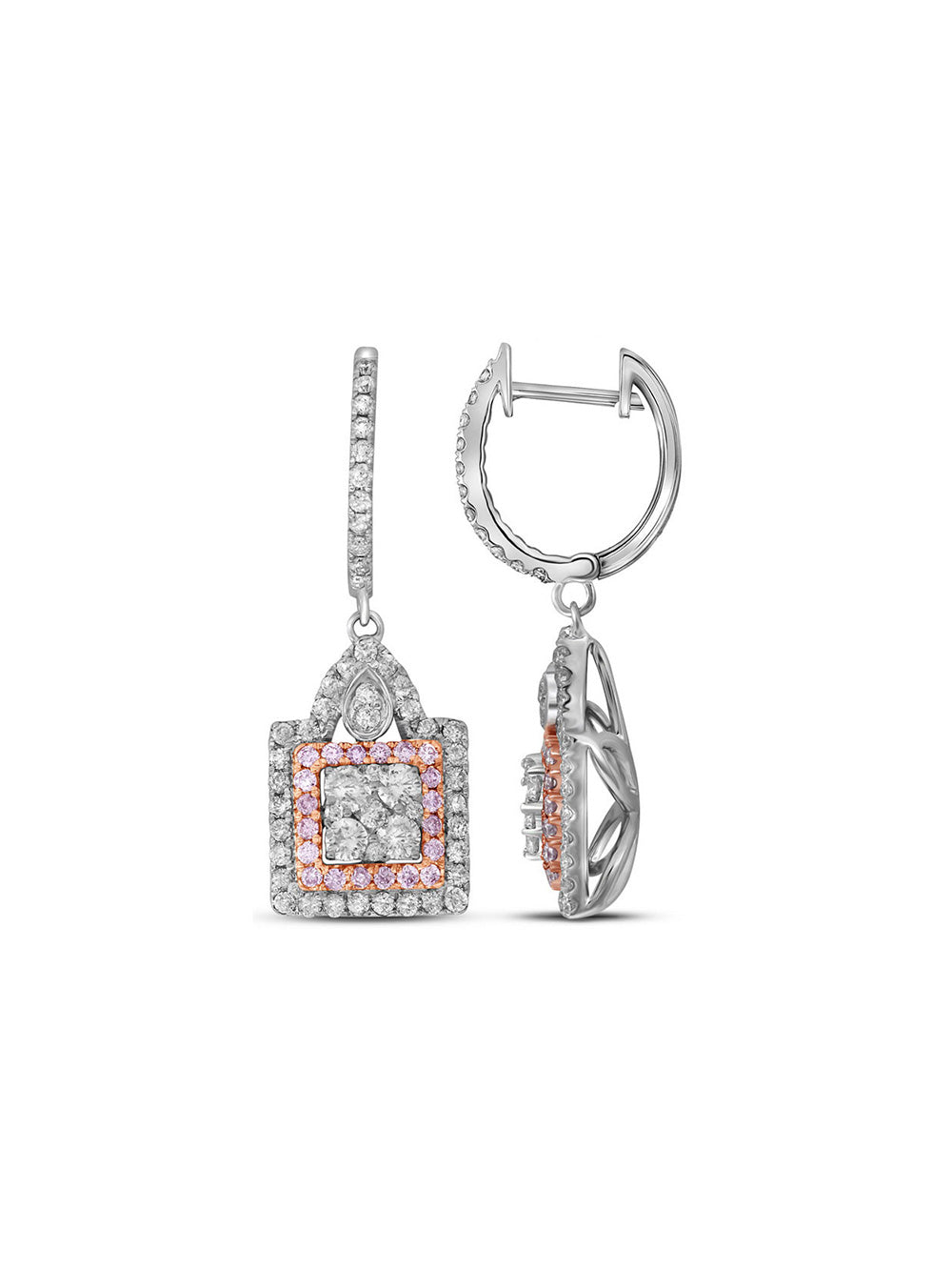 14kt White Gold Round Pink Diamond Square Cluster Dangle Earrings 1 Cttw L7216