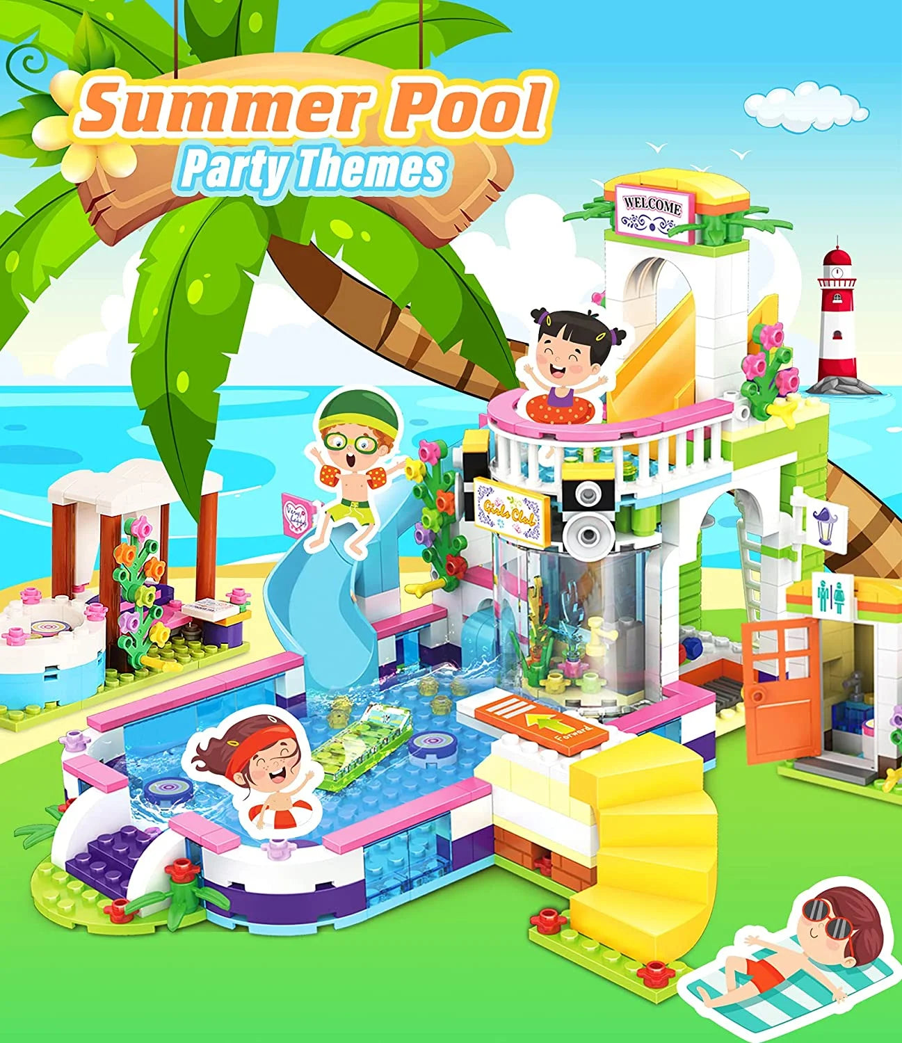 727 Pieces Pool Building Blocks Set with Toy Juice Bar and Hot Tub L271807