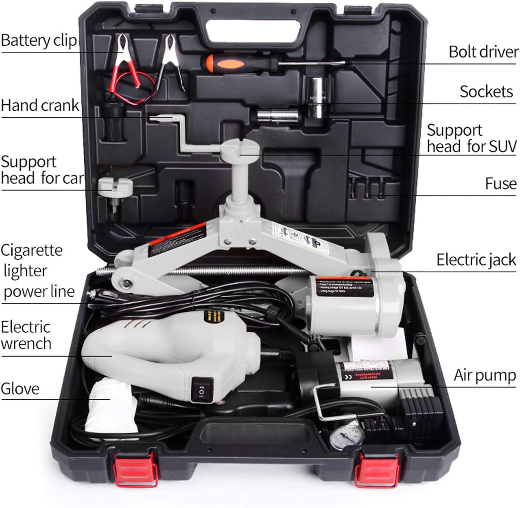 3 Ton 12v Scissor Lift Jack Set with Impact Wrench and Tire Inflator Pump J389537