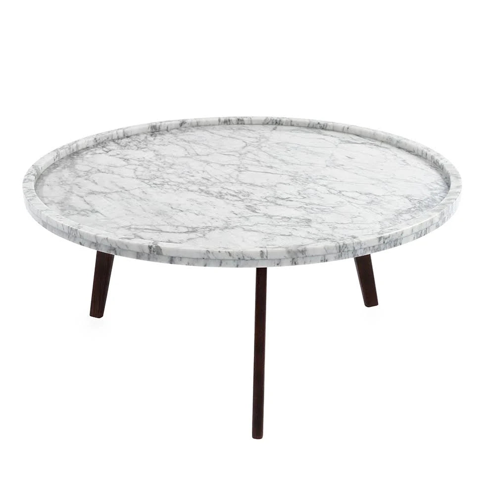 Round Italian Carrara White Marble Coffee Table with Walnut Legs F18257