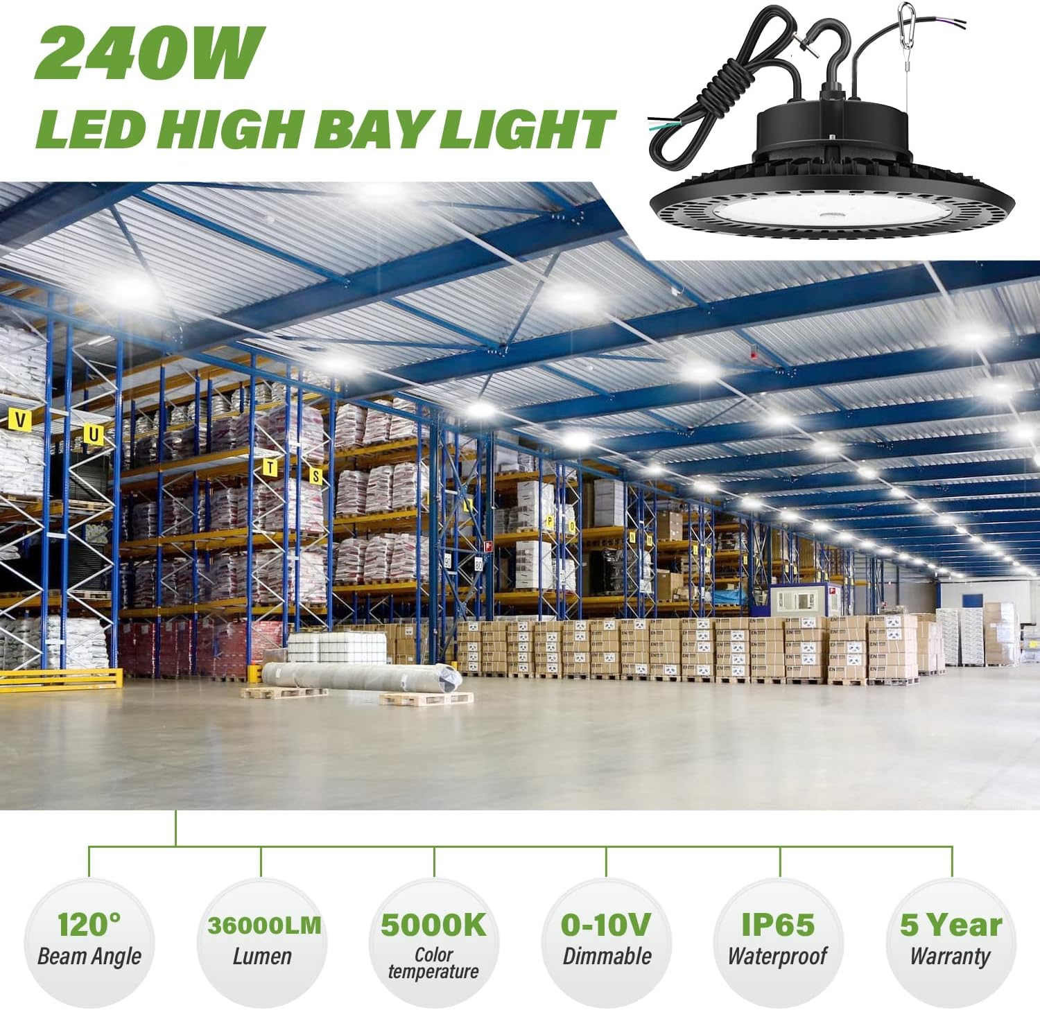 LED High Bay Light 240W UFO 5000K 36,000LM, 0-10V Dimmable, UL Certified Driver IP65, Hook Mount X184