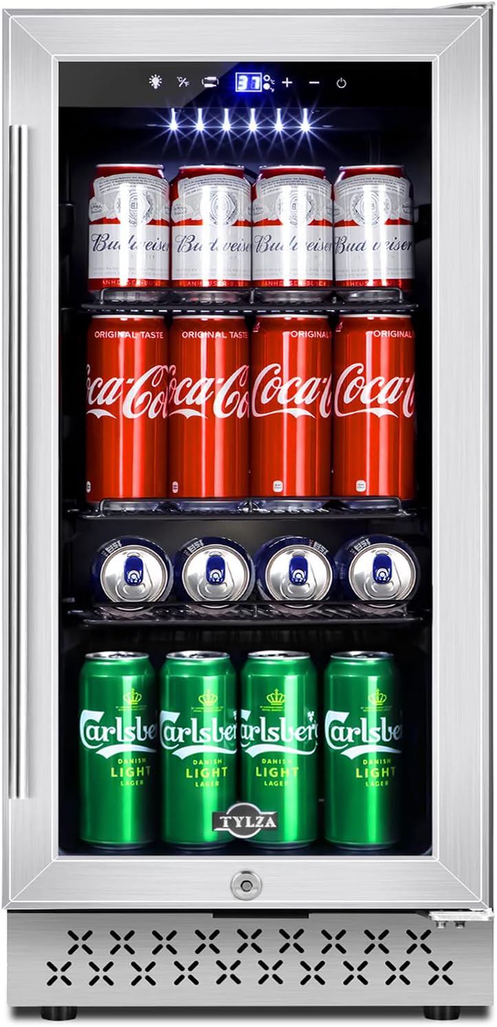 Mini Fridge 15 Inch Beverage Refrigerator Cooler, 130 Can, Glass Door L7321