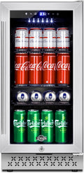 Mini Fridge 15 Inch Beverage Refrigerator Cooler, 130 Can, Glass Door L7321