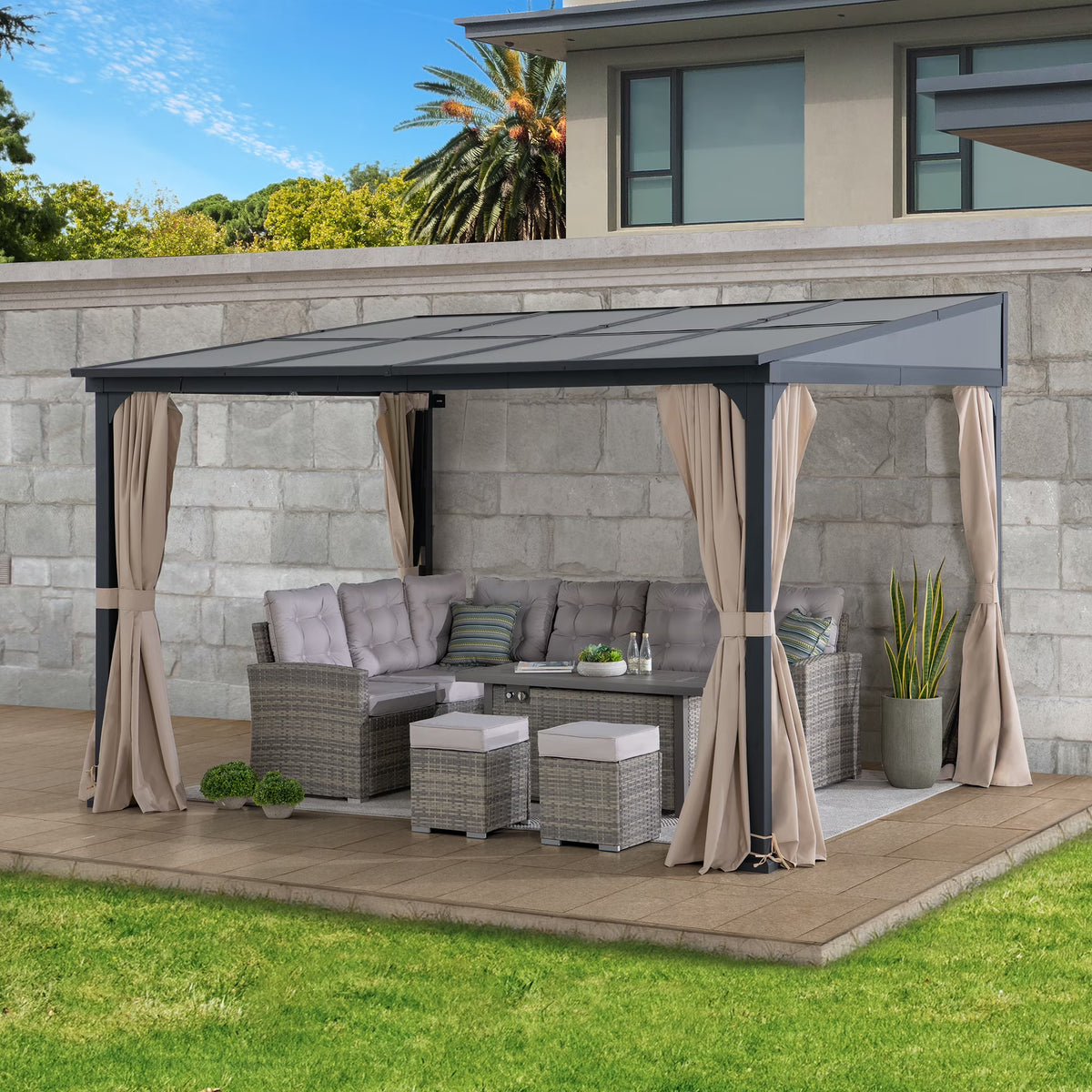 10ft. x 12ft. Polycarbonate Roof Aluminum Frame with Curtain and Netting D42056
