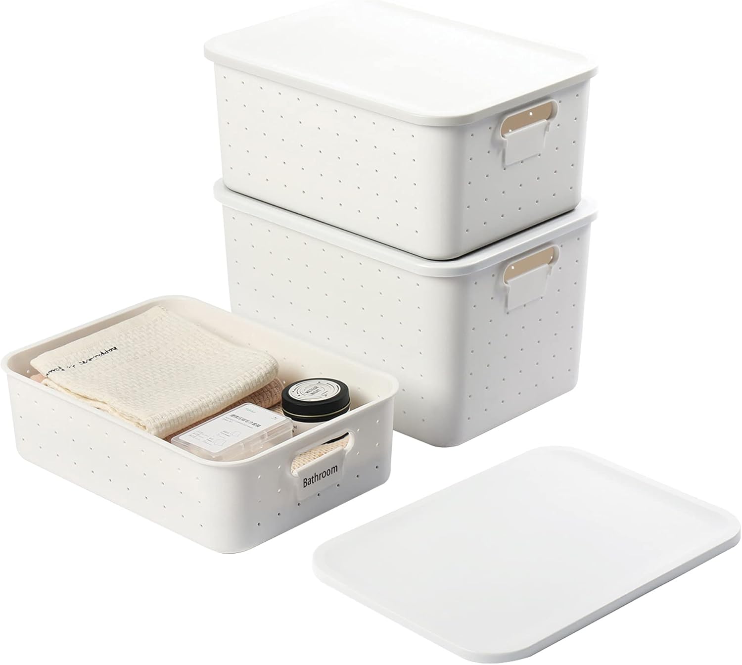 Set of 3 White Stackable Plastic Storage Bins with Lid R258275