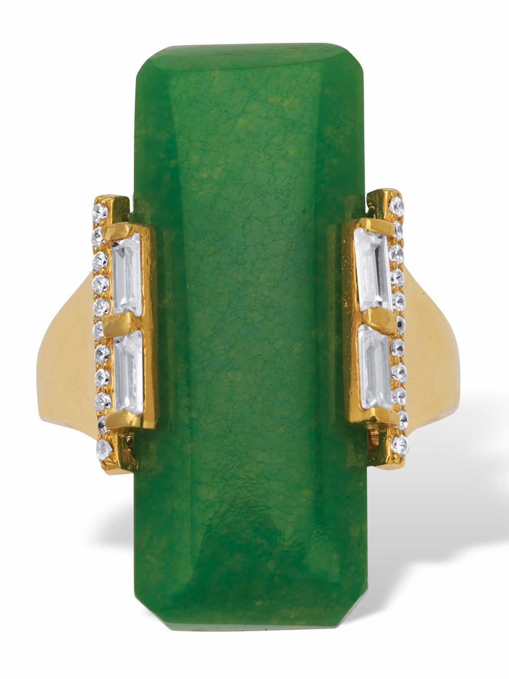Emerald Cut Green Jade Cabochon Ring with Crystal Rounds and Baguettes in 18k Gold-plated Sterling Silver Z395
