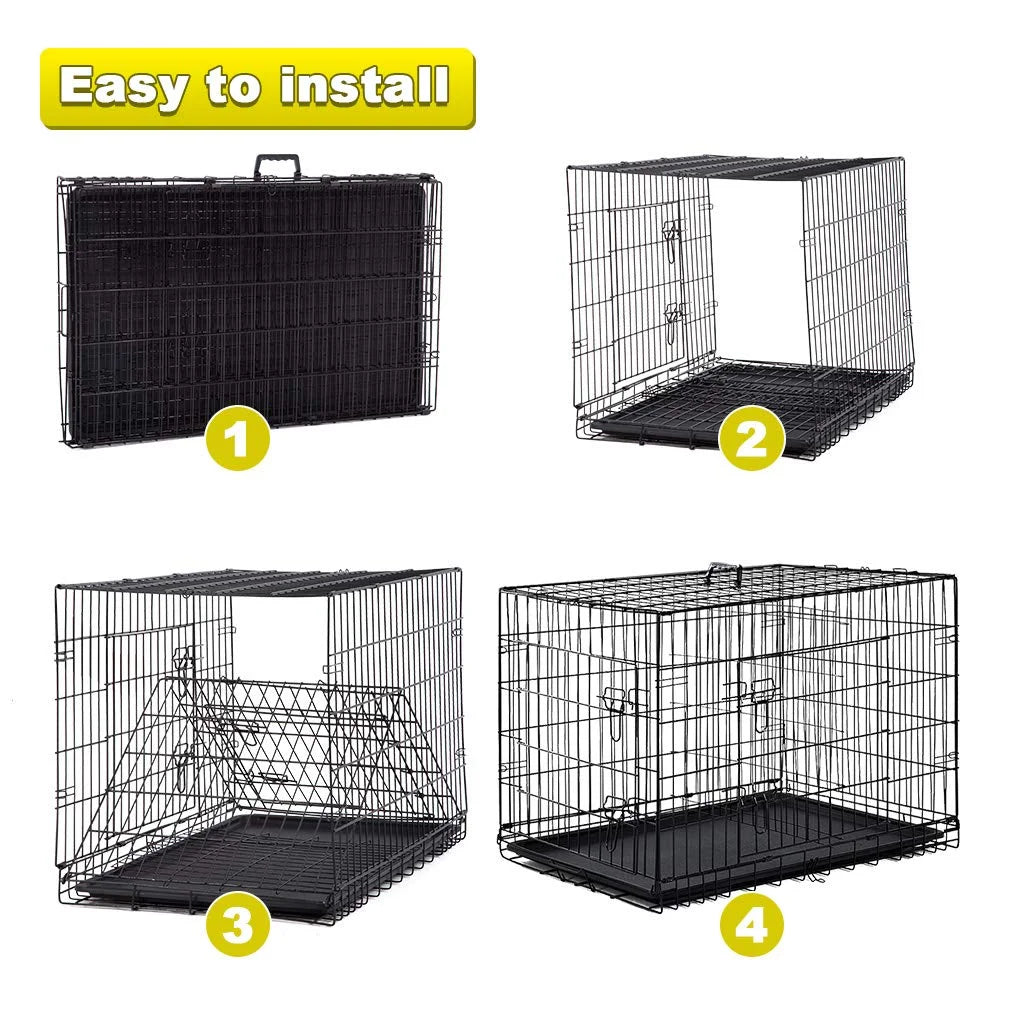 Black Folding Metal Wire Dog Crate with Double-Door I2377
