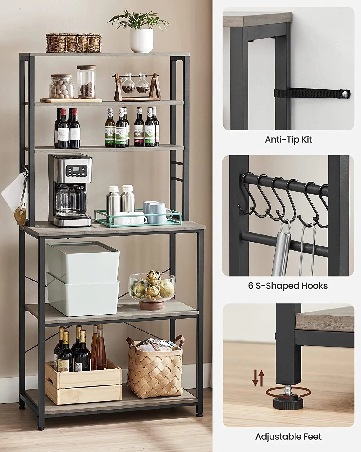 6-Tier Greige and Black Kitchen Shelves with 6 Hooks L8529