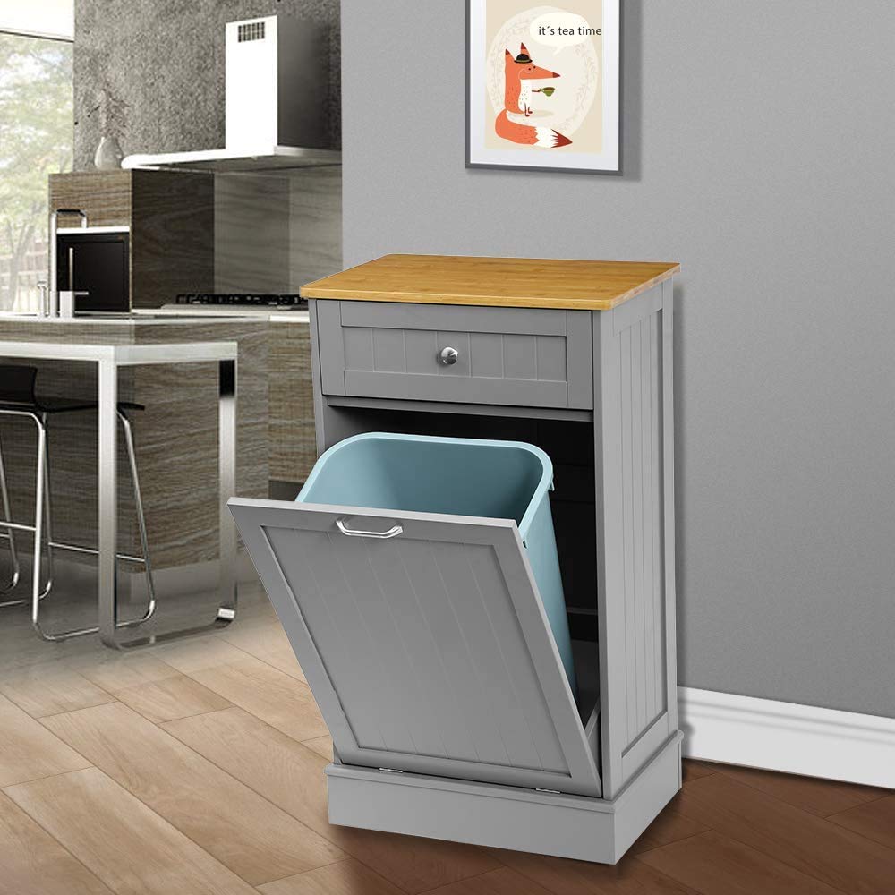 Black Wooden Tilt Out Trash Cabinet with Hideaway Drawer and Removable Bamboo Cutting Board I80756