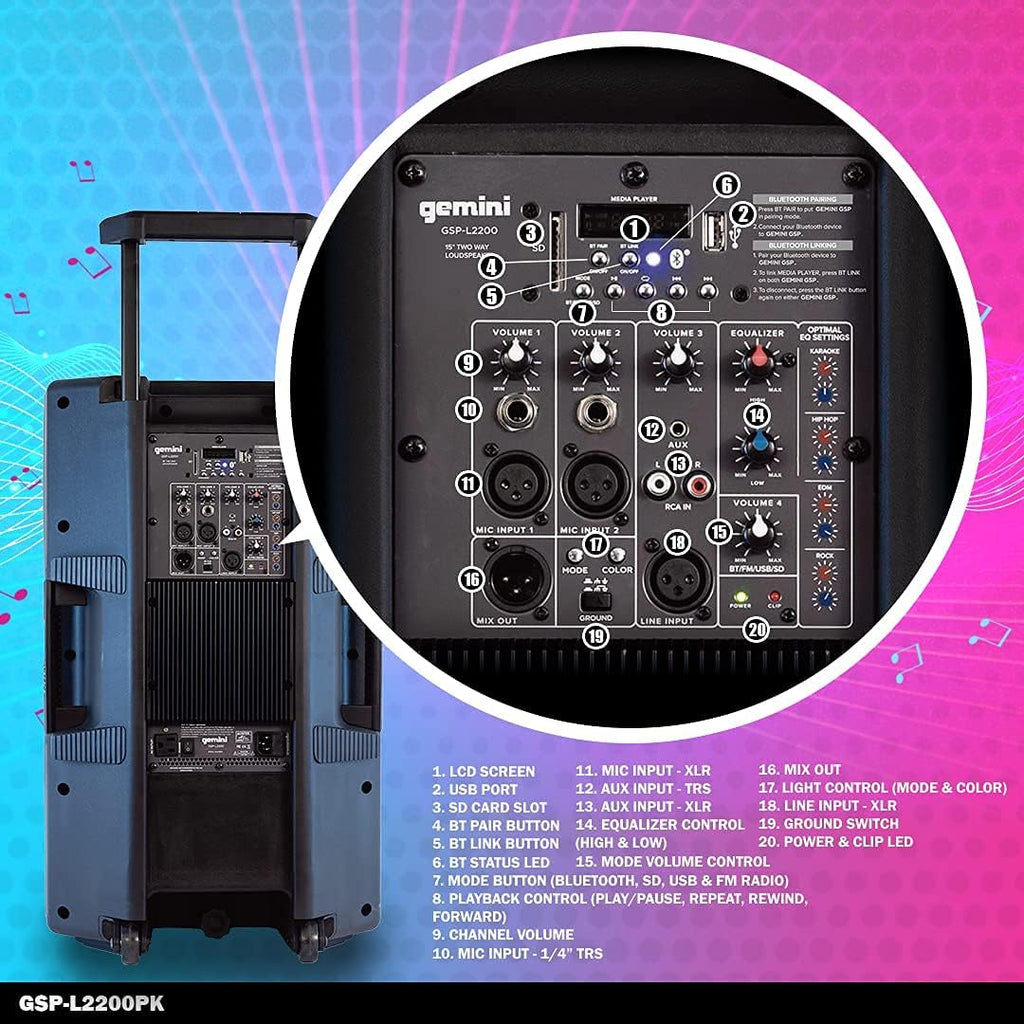 Bluetooth 2200W Peak Speaker with 15 Inch Woofer and LED Party Lights F700