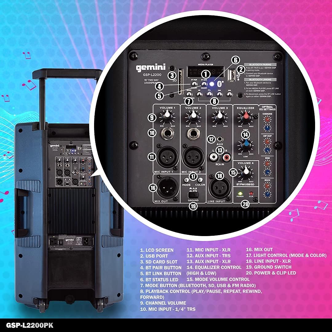 Bluetooth 2200W Peak Speaker with 15 Inch Woofer and LED Party Lights F700