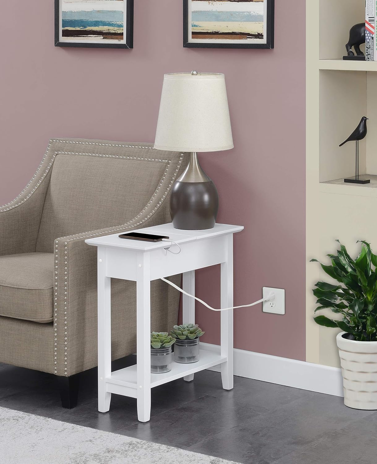 Black Flip Top End Table with Charging Station and Shelf V41011