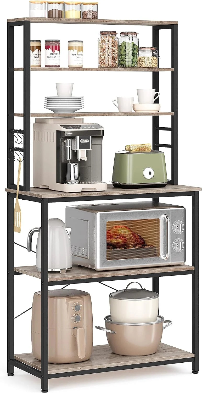 6-Tier Greige and Black Kitchen Shelves with 6 Hooks L8529