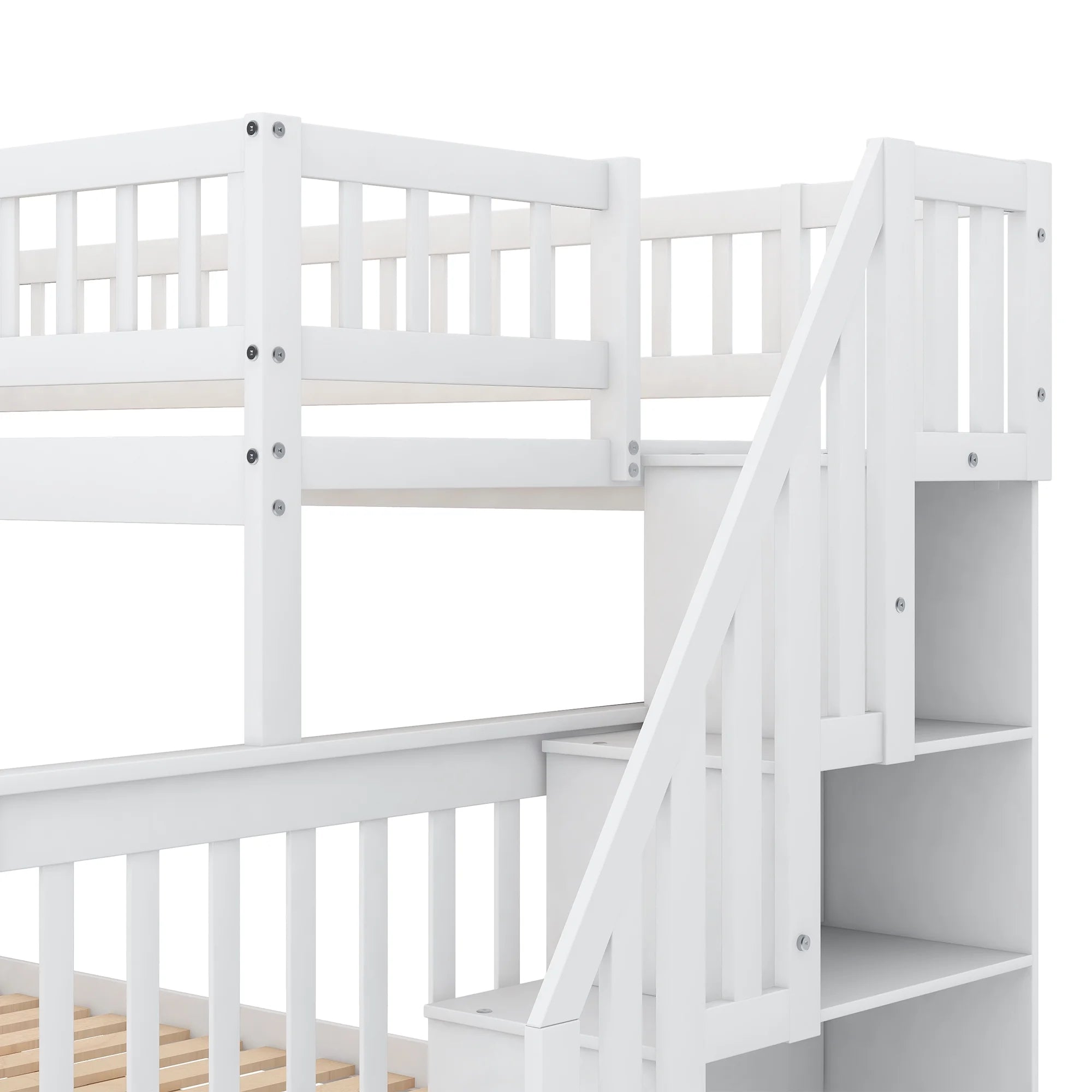 Twin Over Full Bunk Bed with Trundle and Stairs, White X43041
