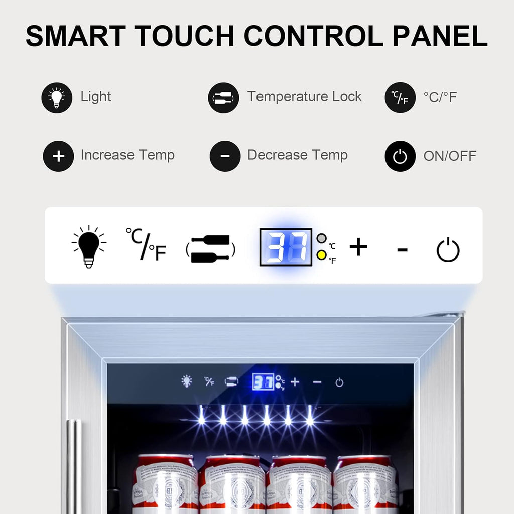 Mini Fridge 15 Inch Beverage Refrigerator Cooler, 130 Can, Glass Door L7321