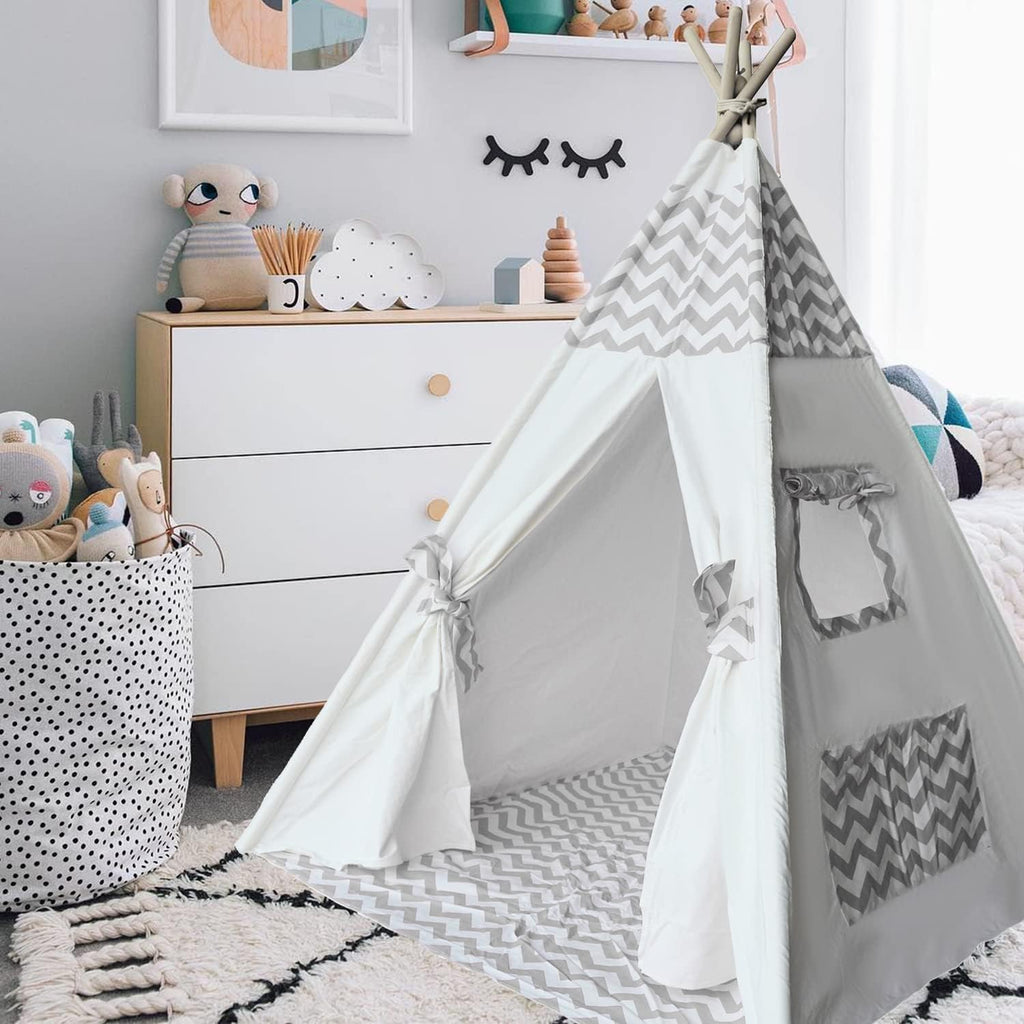 Grey Chevron Kids Teepee Tent with Floor & Carry Case V58543