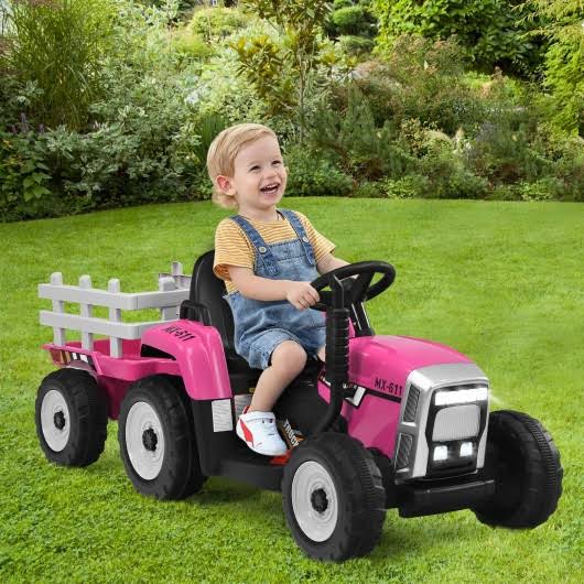 Pink 12V Kids Ride on Tractor with Trailer K332918