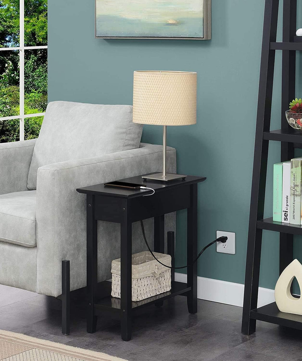 Black Flip Top End Table with Charging Station and Shelf V41011