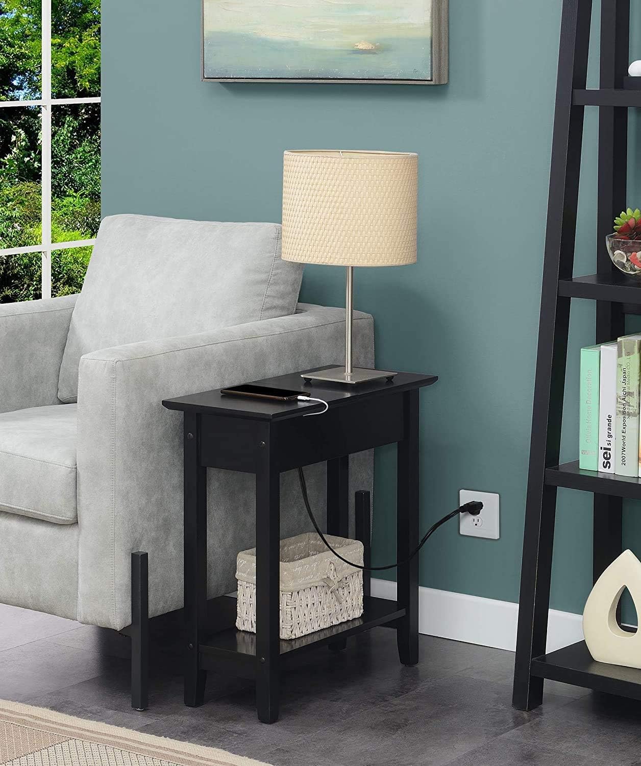 Black Flip Top End Table with Charging Station and Shelf V41011
