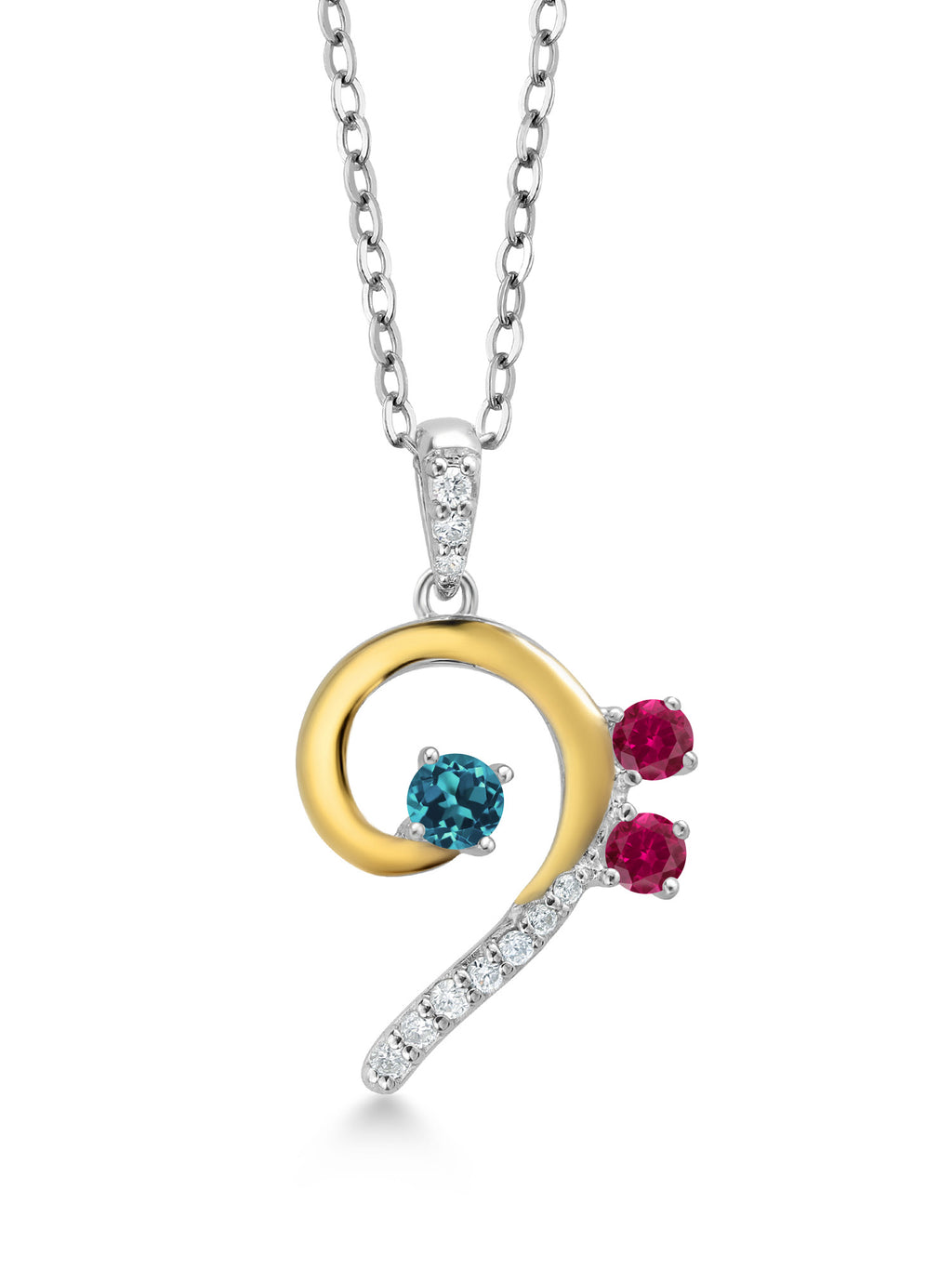 London Blue Topaz Red Created Ruby White Lab Grown Diamond Bass Clef Music Note Pendant Necklace with 18 inch Chain G709493